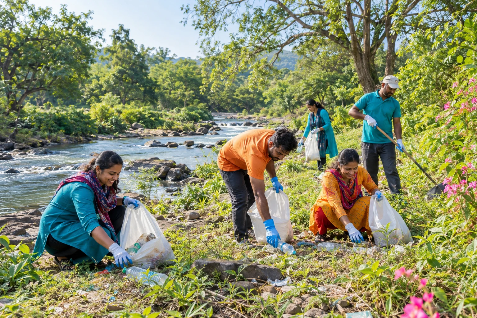 Illustrative photo of volunteers cleaning a green stream bank