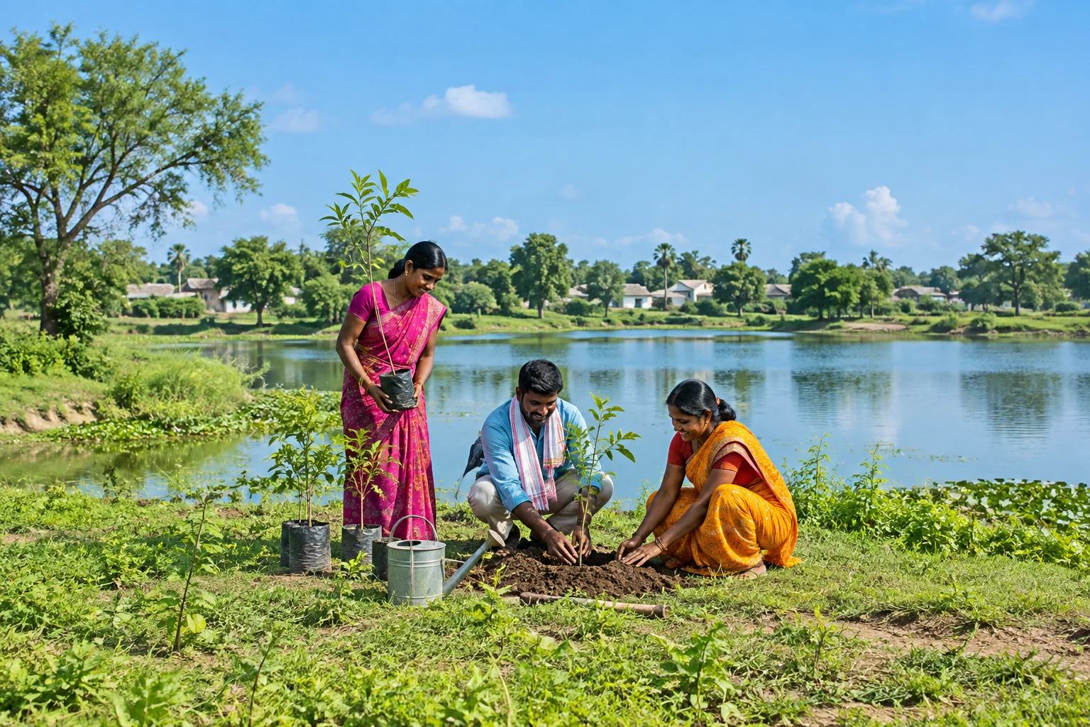 Illustrative photo of sapling planting beside a village pond