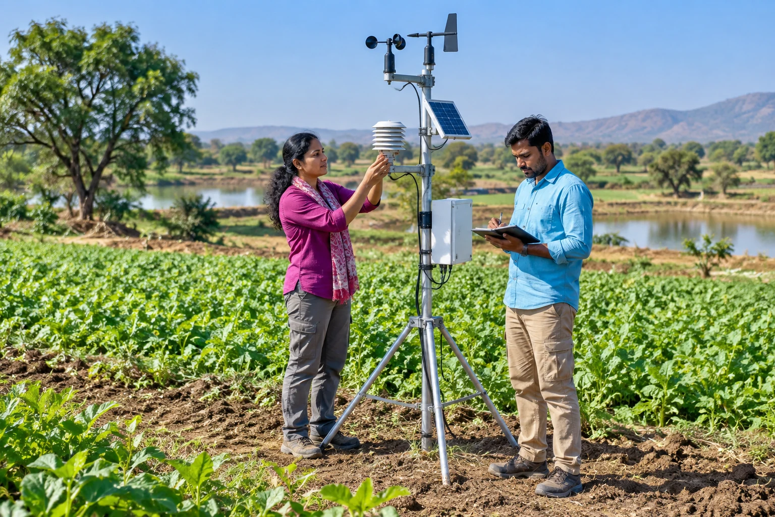 Illustrative photo of researchers checking a field weather station